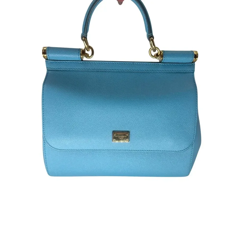 Dolce & Gabbana Miss Sicily Light Blue Leather Top Handle Satchel Bag Women's